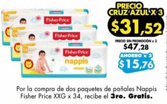 Farmacias Cruz Azul Por la compra de dos paquetes de pañales Nappis Fisher Price XXG x 34, recibe el 3ro. Gratis. oferta