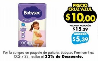 Farmacias Cruz Azul Por la compra un paquete de pañales Babysec Premium Flex XXG x 32, recibe el 32% de Descuento. oferta