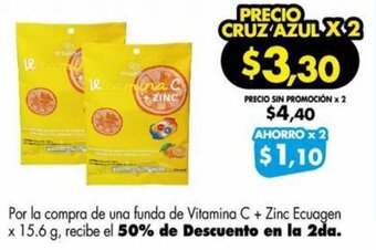 Farmacias Cruz Azul Por la compra de una funda de Vitamina C + Zinc Ecuagen x 15.6 g, recibe el 50% de Descuento en la 2da. oferta