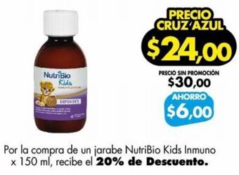 Farmacias Cruz Azul Por la compra de un jarabe NutriBio Kids Inmuno x 150 ml, recibe el 20% de Descuento. oferta