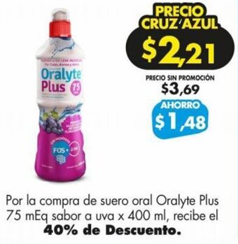 Farmacias Cruz Azul Por la compra de suero oral Oralyte Plus 75 mEq sabor a uva x 400 ml, recibe el 40% de Descuento. oferta