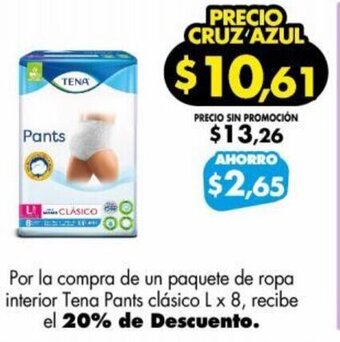 Farmacias Cruz Azul Por la compra de un paquete de ropa interior Tena Pants clásico L x 8, recibe el 20% de Descuento. oferta