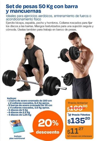 TVentas Set de pesas 50 Kg con barra y mancuernas oferta