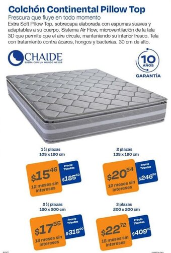 TVentas CHAIDE Colchón Continental Pillow Top 1 1/2 plazas 105 x 190cm oferta