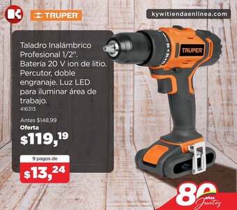 Taladro Inalámbrico Profesional 1/2", Batería 20V ion, Percutor, doble engranaje Luz LED para iluminar área de trabajo