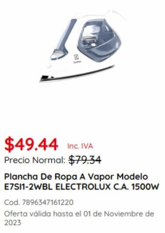 Akí Plancha De Ropa A Vapor Modelo E7SI1-2WBL ELECTROLUX C.A. 1500W oferta