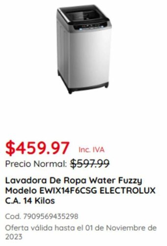 Akí Lavadora De Ropa Water Fuzzy Modelo EWIX14F6CSG ELECTROLUX C.A. 14 Kilos oferta