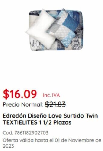 Akí Edredón Diseño Love Surtido Twin TEXTIELITES 1 1/2 Plazas oferta