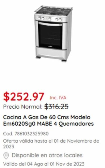 Akí Cocina A Gas De 60 Cms Modelo Em6020Sg0 MABE 4 Quemadores oferta
