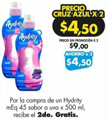 Farmacias Cruz Azul Hydrity mEq 45 sabor a uva x 500 ml oferta