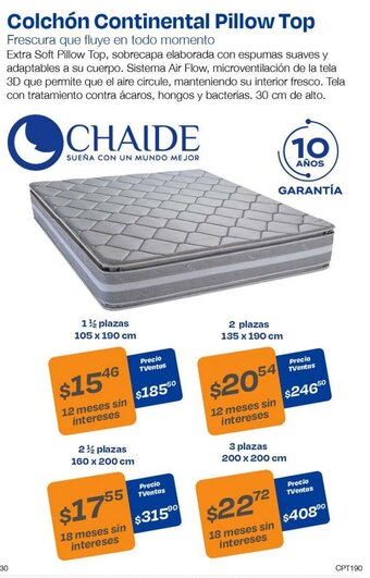 TVentas CHAIDE Colchón Continental Pillow Top 1 1/2 plazas 105 x 190cm oferta