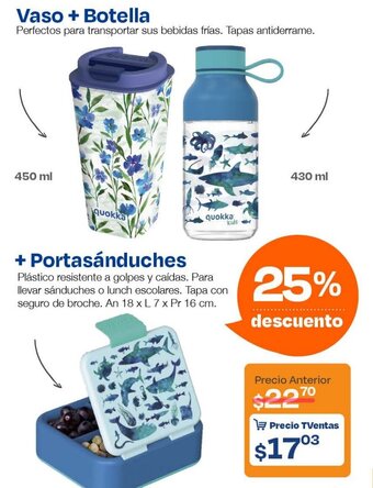 TVentas Vaso 450ml + Botella 430ml + Portasánduches 18 x L 7 x Pr 16 cm. oferta