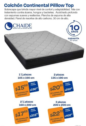 TVentas CHAIDE Colchón Continental Pilllow Top 1½ plaszas 105 x 190 cm oferta