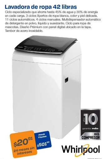 TVentas Whirlpool Lavadora de ropa 42 libras oferta
