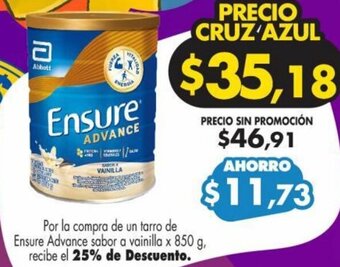 Farmacias Cruz Azul Ensure Advance sabor a vainilla x 850 g oferta
