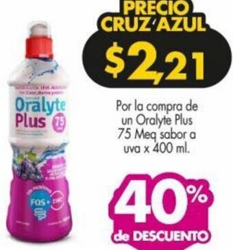 Farmacias Cruz Azul Oralyte Plus 75 Meq sabor a uva x 400 ml oferta