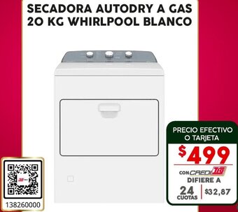 Tia SECADORA AUTODRY A GAS 20 KG WHIRLPOOL BLANCO oferta