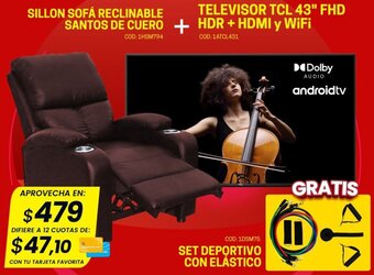 Novicompu SILLON SOFÁ RECLINABLE SANTOS DE CUERO + TELEVISOR TCL 43" FHD HDR + HDMI y WiFi oferta