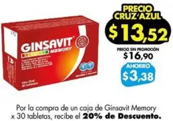 Farmacias Cruz Azul Ginsavit Memory x 30 tabletas oferta