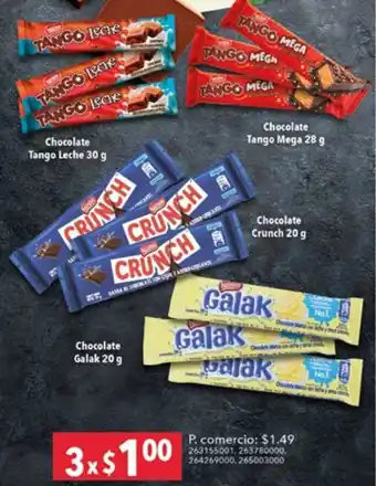 Tia Chocolate Tango Leche 30g/ Chocolate Tango Mega 28g/ Chocolate Crunch 20g/ Chocolate Galak 20g x 3 oferta