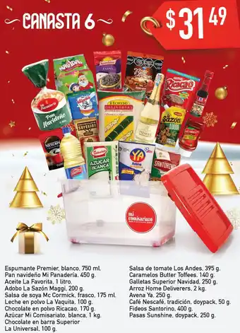Mi Comisariato Espumante Premier, blanco, 750 ml. Pan navideño Mi Panadería, 450 g. Aceite La Favorita, 1 litro Canasta 6 oferta
