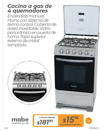 TVentas mabe Cocina a gas de 4 quemadores oferta