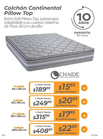TVentas CHAIDE Colchón Continental Pillow Top 1½ plaza 105 x 190 cm oferta