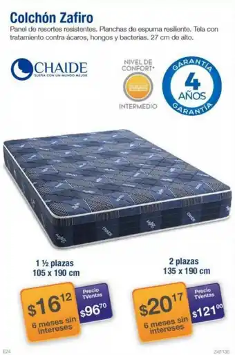 TVentas Colchón Zafiro Chaide 1 1/2 Plazas 105 x 190cm oferta
