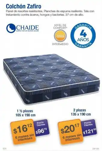 TVentas Colchón Zafiro Chaide 2 Plazas 135 x 190cm oferta