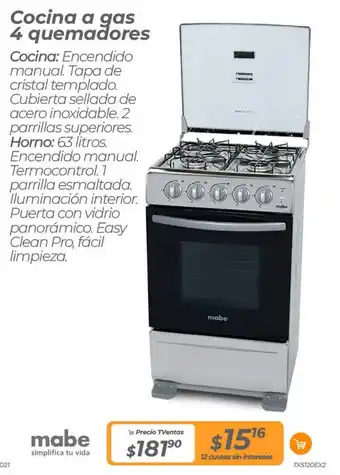 TVentas Cocina a gas 4 quemadores oferta