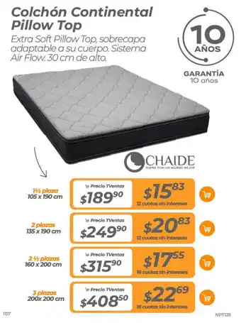 TVentas Colchón Continental Pillow Top 1 1/2 plaza 105 x 190cm oferta