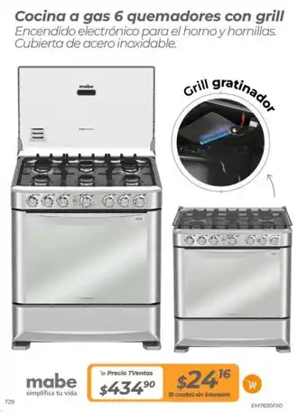 TVentas Mabe Cocina a gas 6 quemadores con grill oferta