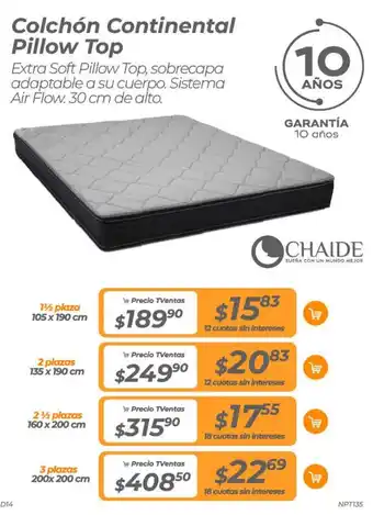 TVentas CHAIDE Colchón Continental Pillow Top 1 1/2 plaza 105 x 190cm oferta