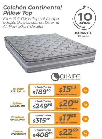 TVentas CHAIDE Colchón Continental Pillow Top 1½ plaza 105 x 190 cm oferta