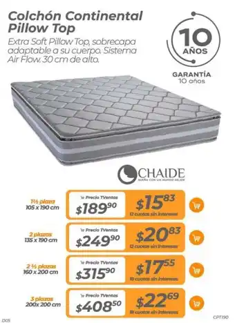 TVentas CHAIDE Colchón Continental Pillow Top 1 1/2 plaza 105 x 190cm oferta