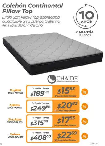 TVentas CHAIDE Colchón Continental Pillow Top 1½ plaza 105 x 190cm oferta
