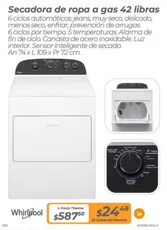 TVentas Whirlpool Secadora de ropa a gas 42 libras oferta