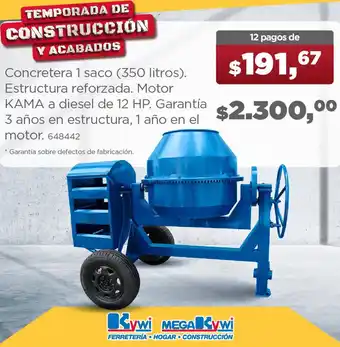 Kywi Concretera 1 saco 350 litros Estructura reforzada. Motor KAMA a diesel de 12 HP oferta