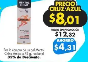 Farmacias Cruz Azul Por la compra de un gel Mentol Chino Arnica x 75g oferta