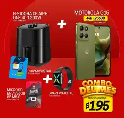 Novicompu Freidora de aire one 4l 1200w + motorola g15 4gb-256gb + chip movistar+ micro sd env 256gb 85 mb/s + smart watch x8 oferta