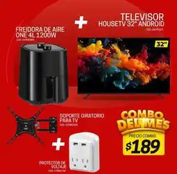 Novicompu Freidora de aire one 4l 1200w + televisor housetv 32" android + soporte giratorio para tv + protector de voltaje oferta