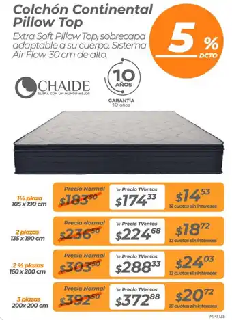 TVentas Chaide colchón continental pillow top oferta