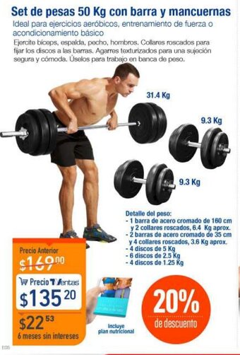 TVentas Set de Pesas 50kg con barra y Mancuernas oferta