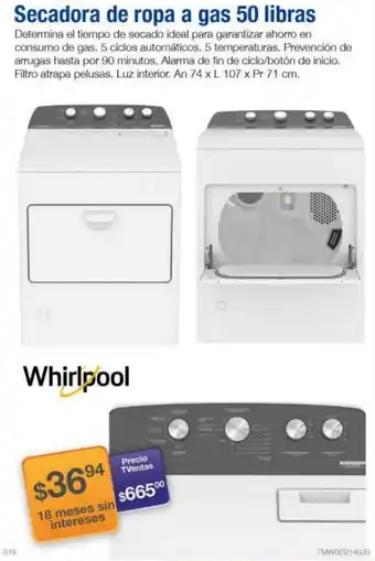 TVentas Whirlpool Secadora de Ropa a Gas 50 Libras oferta