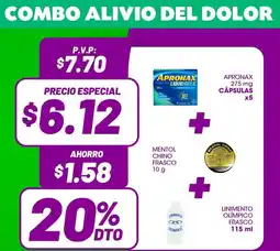 Farmacias SanaSana Apronax cápsulas + mentol chino frasco + linimento olímpico frasco oferta