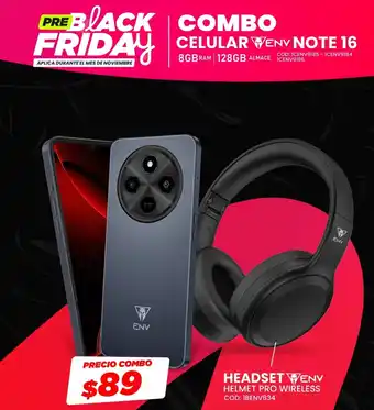 ENV Note 16 celular + Helmet Pro wireless headset