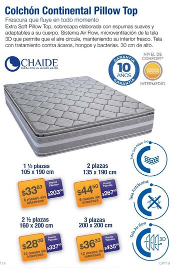 TVentas Chaide Colchón Continental Pillow Top 1 1/2 Plazas 105 x 190cm oferta