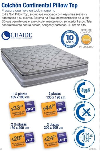 TVentas Chaide Colchón Continental Pillow Top 1 1/2 Plazas 105 x 190cm oferta