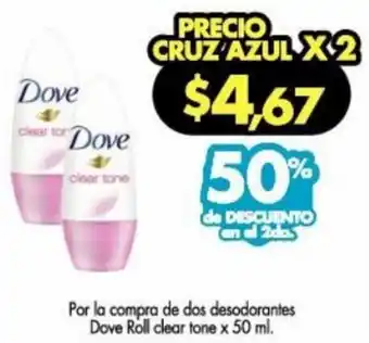 Farmacias Cruz Azul Dove Roll Clear Tone 50ml oferta