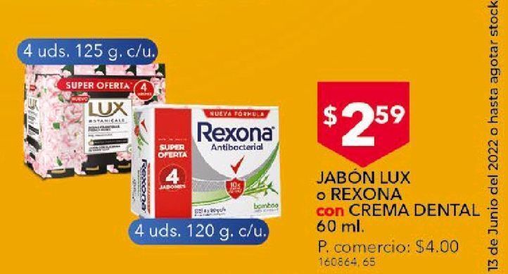 Tia Jabón lux o rexona con crema dental 60 ml oferta